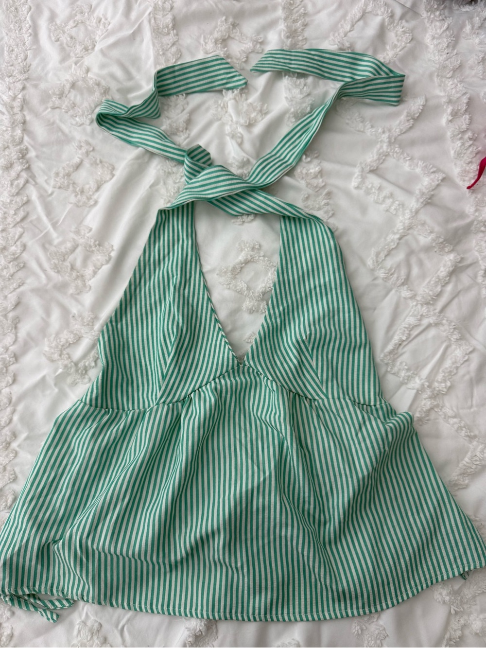 Green & White Striped Halter Tie-Back Top